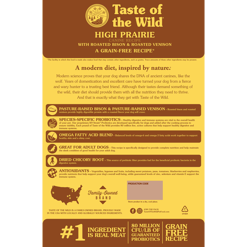 Taste Of The Wild טייסט אוף דה ווילד כלב פריירי בוגר ביזון וצבי צלוי דף מידע: עשיר בביזון וצבי, רכיבים בריאים ופרוביוטיקה מובטחת. ללא דגנים—לבחירה מזינה וטבעית לכלבים.