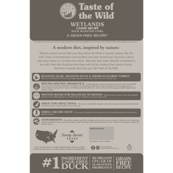 Taste Of The Wild טייסט אוף דה ווילד כלב ווטלנדס בוגר ברווז צלוי כולל ברווז צלוי, הודו, פרוביוטיקה, פורמולה ללא דגנים, פרטים תזונתיים ומידע על חברת טייסט אוף דה ווילד על התווית.