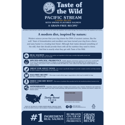 Taste Of The Wild טייסט אוף דה ווילד סלמון מידע: מיוצר מסלמון אמיתי, פרוביוטיקה, מתכון ללא ביצים, שורש עולש מיובש, נוגדי חמצון — כולם תומכים בבריאותו ורווחתו של כלבך.