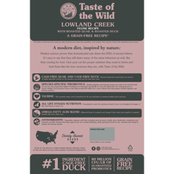 Taste Of The Wild טייסט אוף דה ויילד קירק דף מידע — מכיל ברווזים ושלווים שגדלו ללא כלובים, פרוביוטיקה, טאורין, נוגדי חמצון ואינו מכיל דגנים. מספק תזונה מאוזנת לחתול שלך.