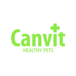 לוגו "Canvit" ירוק עם סימן פלוס. הטקסט למטה קורא "חיות מחמד בריאות". רקע שחור.