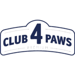 לוגו עם הטקסט "Club 4 Paws Premium" בכחול, עם המספר 4 בסגנון בולט במרכז.