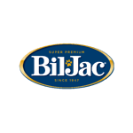 לוגו של Bil-Jac, הכולל את הטקסט "Super Premium Bil-Jac Since 1947" עם הדפס כפות על רקע סגלגל כחול.