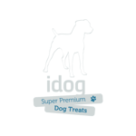 צללית של כלב עומד עם הטקסט "idog Super Premium Dog Treats" והדפס כפות קטן למטה.