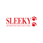 לוגו טקסט אדום של "Sleeky" עם הדפסי כפות. למטה, באותיות קטנות יותר: "אנחנו דואגים לכלבים המקסימים שלך.