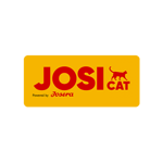 לוגו JosiCat עם רקע צהוב, טקסט אדום וצללית קטנה של חתול.