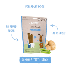 אריזה של SAMMY'S סאמיס חטיף דנטלי טבעי לכלב תפוח ושמן קוקוס לכלבים בוגרים, עם איורים של כלב, מברשת שיניים, תפוחי אדמה, אפונים, וניחוחות של תפוח ושמן קוקוס. חטיף דנטלי לכלב זה מיוצר כחטיף טבעי לכלב ללא תוספת סוכר ועם תכולת שומן מופחתת.