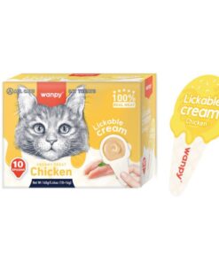 קופסת חטיפי חתולים "Wanpy Lickable Cream Chicken" עם תמונה של חתול אפור, כפית עם חטיף קרמי ואיור של חטיף עם תווית.
